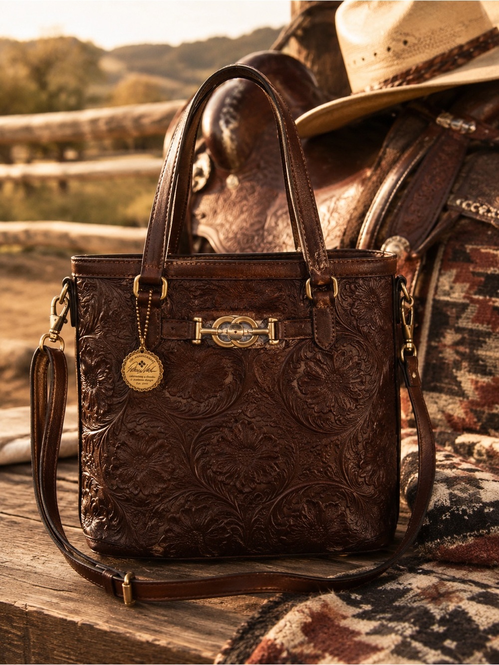 Patricia Nash Hand-Tooled Floral Leather Crossbody/Shoulder Tote - Dark Brown